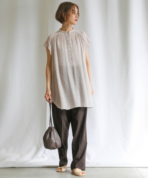 select MOCA（セレクトモカ）の「2021 SS シフォン楊柳バンドカラーブラウス（バンドカラーフレンチスリーブシアートップス）（シャツ/ブラウス・レディース・ホワイト/ライトブルー/ブラック/ベージュ/カーキオリーブ/レンガ・FREE）」の16枚目の写真