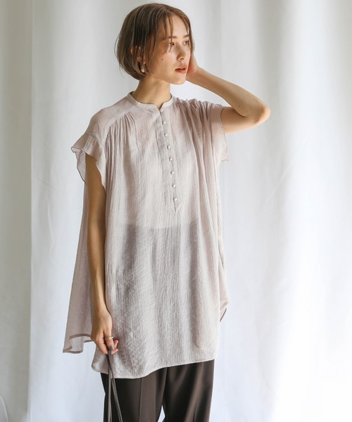 select MOCA（セレクトモカ）の「2021 SS シフォン楊柳バンドカラーブラウス（バンドカラーフレンチスリーブシアートップス）（シャツ/ブラウス・レディース・ホワイト/ライトブルー/ブラック/ベージュ/カーキオリーブ/レンガ・FREE）」の18枚目の写真