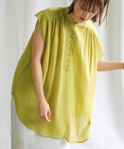 select MOCA（セレクトモカ）の「2021 SS シフォン楊柳バンドカラーブラウス（バンドカラーフレンチスリーブシアートップス）（シャツ/ブラウス・レディース・ホワイト/ライトブルー/ブラック/ベージュ/カーキオリーブ/レンガ・FREE）」の21枚目の写真