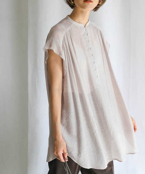 select MOCA（セレクトモカ）の「2021 SS シフォン楊柳バンドカラーブラウス（バンドカラーフレンチスリーブシアートップス）（シャツ/ブラウス・レディース・ホワイト/ライトブルー/ブラック/ベージュ/カーキオリーブ/レンガ・FREE）」の20枚目の写真