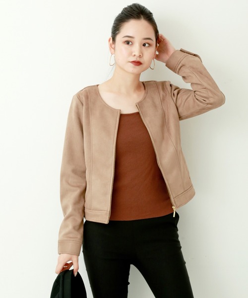 n'ee-ne（ネーネ）の「スエード　ボンディングノーカラージャケット（ノーカラージャケット・レディース・ベージュ/モカ/ピンク系その他/グレー・M）」の3枚目の写真