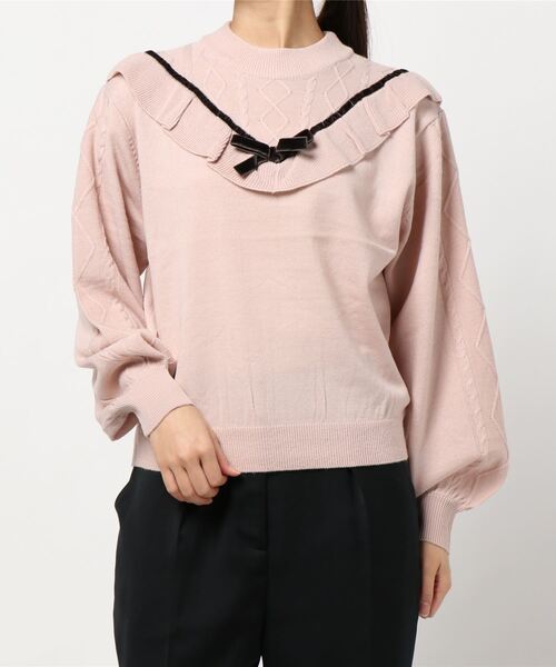 Honey トップスcinnamon ハニーシナモン のファッション Vフリルリボンニット ニット セーター Honey