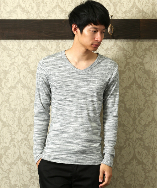 ABAHOUSE(アバハウス)の「トリッキー杢フライス Vネック(Tシャツ/カットソー・メンズ・アイボリー/グレー/グリーン・2/3/4)」の2枚目の写真
