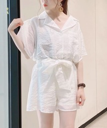 シアーシャツ×ショートパンツセット