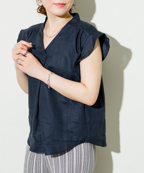 prose verse（プロズヴェール）の「フレンチリネンひらひら袖ブラウス（シャツ/ブラウス・レディース・ネイビー/オフホワイト/カーキ/バイオレット・ﾌﾘ-）」の4枚目の写真