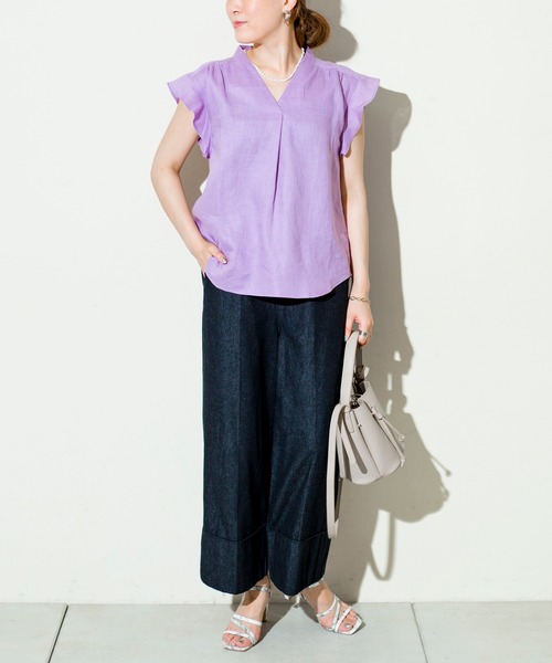 prose verse（プロズヴェール）の「フレンチリネンひらひら袖ブラウス（シャツ/ブラウス・レディース・ネイビー/オフホワイト/カーキ/バイオレット・ﾌﾘ-）」の5枚目の写真