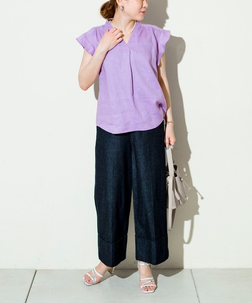 prose verse（プロズヴェール）の「フレンチリネンひらひら袖ブラウス（シャツ/ブラウス・レディース・ネイビー/オフホワイト/カーキ/バイオレット・ﾌﾘ-）」の6枚目の写真