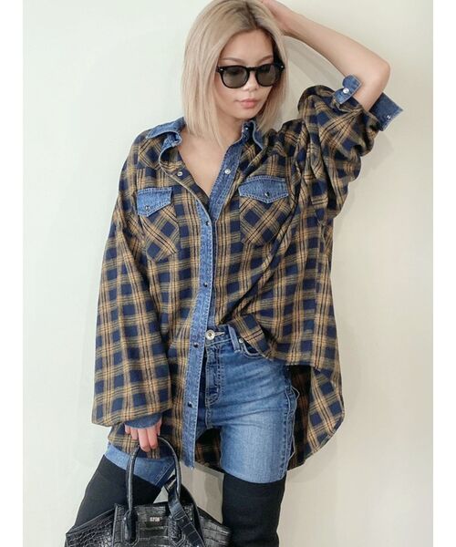 GYDA（ジェイダ）の「デニムドッキングチェックBIG シャツ（シャツ/ブラウス・レディース・ブラック/グリーン/マスタード・FREE）」の10枚目の写真