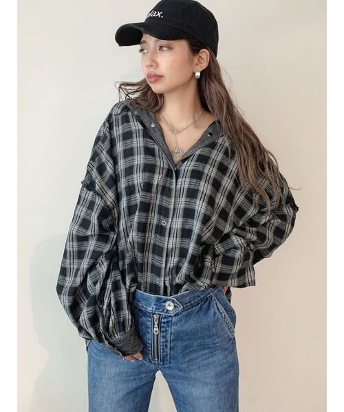GYDA（ジェイダ）の「デニムドッキングチェックBIG シャツ（シャツ/ブラウス・レディース・ブラック/グリーン/マスタード・FREE）」の9枚目の写真
