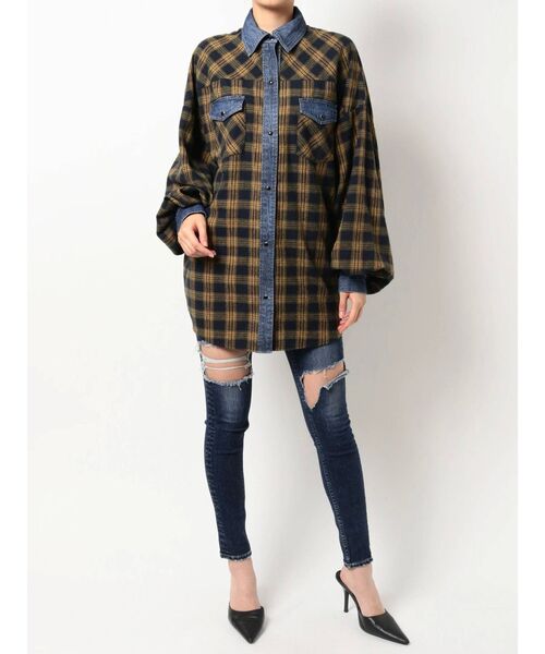 GYDA（ジェイダ）の「デニムドッキングチェックBIG シャツ（シャツ/ブラウス・レディース・ブラック/グリーン/マスタード・FREE）」の19枚目の写真