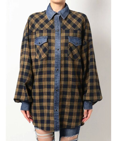 GYDA（ジェイダ）の「デニムドッキングチェックBIG シャツ（シャツ/ブラウス・レディース・ブラック/グリーン/マスタード・FREE）」の20枚目の写真