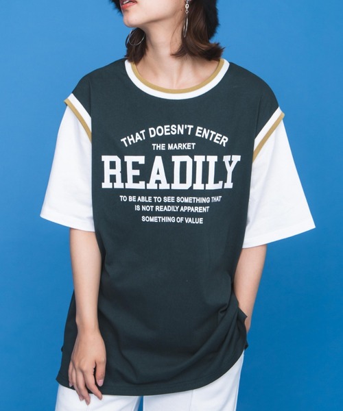 WEGO(ウィゴー)の「WEGO/ラインリブレイヤードロゴTシャツ(Tシャツ/カットソー・レディース・ブラック/オートミール/ネイビー/グリーン・FREE)」の3枚目の写真