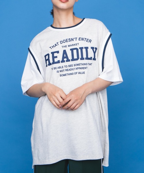 WEGO(ウィゴー)の「WEGO/ラインリブレイヤードロゴTシャツ(Tシャツ/カットソー・レディース・ブラック/オートミール/ネイビー/グリーン・FREE)」の5枚目の写真