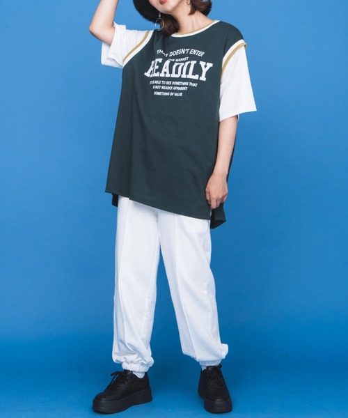 WEGO(ウィゴー)の「WEGO/ラインリブレイヤードロゴTシャツ(Tシャツ/カットソー・レディース・ブラック/オートミール/ネイビー/グリーン・FREE)」の11枚目の写真
