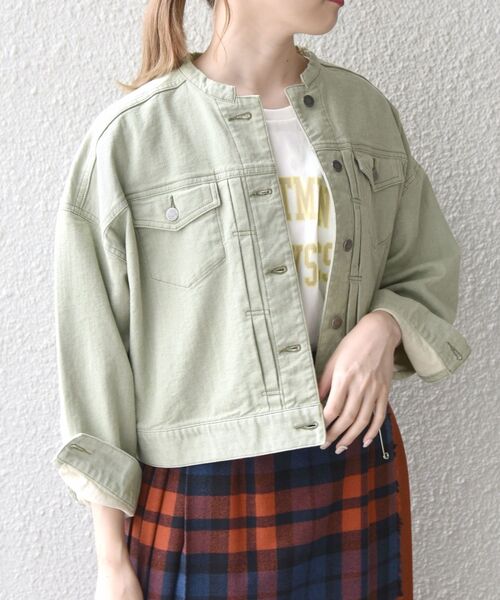 CIMARRON（シマロン）の「【SHIPS any別注】CIMARRON JEANS:〈ウォッシャブル〉ノーカラー デニム ジャケット◇（デニムジャケット・レディース・ベージュ/ライトグリーン・ONE SIZE）」の18枚目の写真