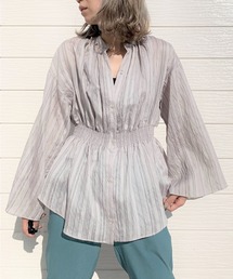 Q | ランダムストライプウエストシャーリングシャツ(シャツ/ブラウス)