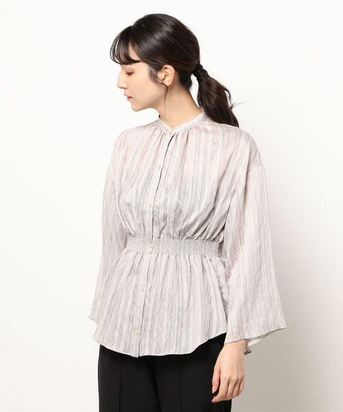 Q(キュー)の「ランダムストライプウエストシャーリングシャツ(シャツ/ブラウス・レディース・ライトグレー/ベージュ・MEDIUM)」の6枚目の写真