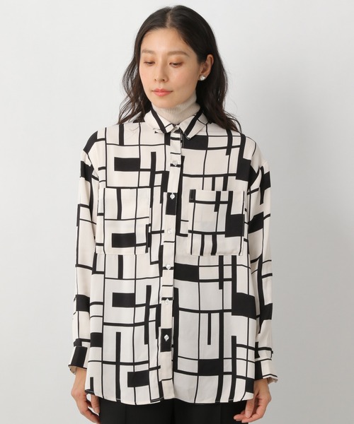 LEONARD FASHION 半袖ブラウス 幾何学模様 レオナール ファッション 幾何学模様 ラップブラウス 42サイズ
