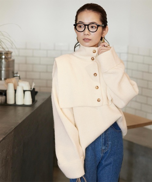 titivate（ティティベイト）の「前後2wayつけ襟付ニット（ニット/セーター・レディース・ベージュ/ネイビー/オフホワイト・S/M）」の4枚目の写真