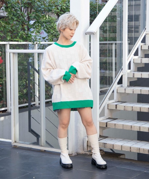 DuKKah（デュカ）の「Dukkah/【低身長向け】ブロックチェックバイカラーニット（ニット/セーター・レディース・ブラック/アイボリー・X-SMALL）」の19枚目の写真