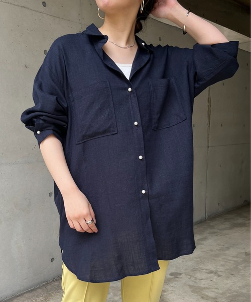 prose verse（プロズヴェール）の「リネン混パール釦オーバーサイズシャツ（シャツ/ブラウス・レディース・オフホワイト/グリーン/ブルー/ネイビー/ピンク・MEDIUM）」の7枚目の写真