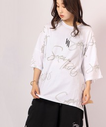 RE730 総柄英字ドルマンスリーブ半袖ワイドTシャツ