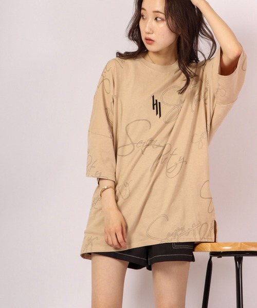 RE730（アールイーセブンサーティー）の「RE730 総柄英字ドルマンスリーブ半袖ワイドTシャツ（Tシャツ/カットソー・メンズ・ベージュ/ホワイト/ブラック/ピンク・M/L）」の11枚目の写真