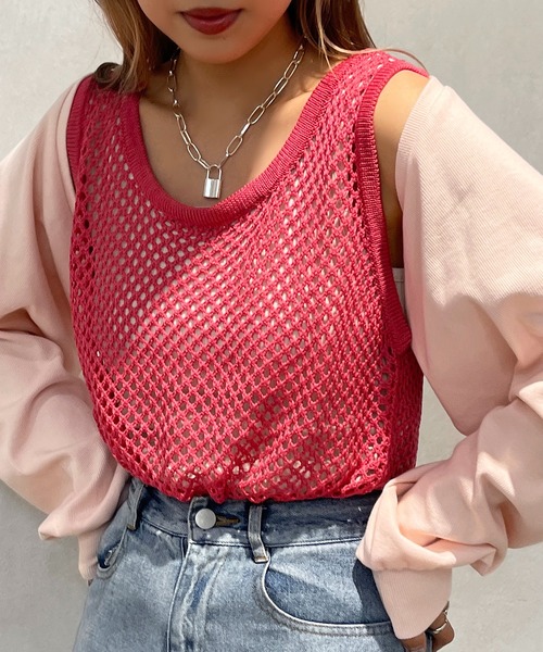 apres jour mignon（アプレジュールミニョン）の「メッシュニットタンク【ZOZOTOWN限定アイテム】（タンクトップ・レディース・ブラック/オフホワイト/ピンク/オレンジ・X-LARGE/フリー）」の4枚目の写真