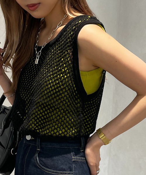 apres jour mignon（アプレジュールミニョン）の「メッシュニットタンク【ZOZOTOWN限定アイテム】（タンクトップ・レディース・ブラック/オフホワイト/ピンク/オレンジ・X-LARGE/フリー）」の14枚目の写真