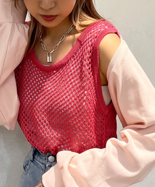 apres jour mignon（アプレジュールミニョン）の「メッシュニットタンク【ZOZOTOWN限定アイテム】（タンクトップ・レディース・ブラック/オフホワイト/ピンク/オレンジ・X-LARGE/フリー）」の8枚目の写真