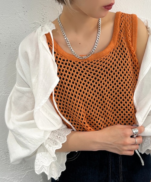 apres jour mignon（アプレジュールミニョン）の「メッシュニットタンク【ZOZOTOWN限定アイテム】（タンクトップ・レディース・ブラック/オフホワイト/ピンク/オレンジ・X-LARGE/フリー）」の10枚目の写真