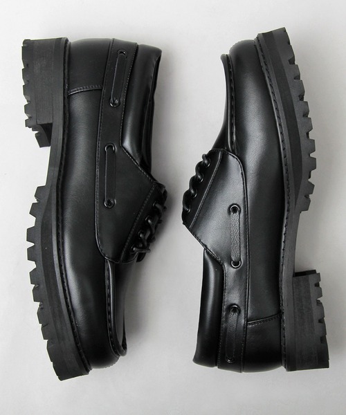 glabella（グラベラ）の「厚底 タンクソール フェイクレザー デッキシューズ  / ワークシューズ / レースシューズ（モカシン/デッキシューズ・メンズ・ブラック・S/M/L）」の13枚目の写真