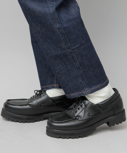 glabella（グラベラ）の「厚底 タンクソール フェイクレザー デッキシューズ  / ワークシューズ / レースシューズ（モカシン/デッキシューズ・メンズ・ブラック・S/M/L）」の18枚目の写真
