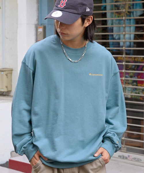 CONVERSE（コンバース）の「CONVERSE/コンバース ロゴ刺繍 ビッグシルエット裏毛クルースウェット（スウェット・メンズ・サックスブルー/オフホワイト/レッド/グリーン/ブラック/ピンク・L/M）」の4枚目の写真