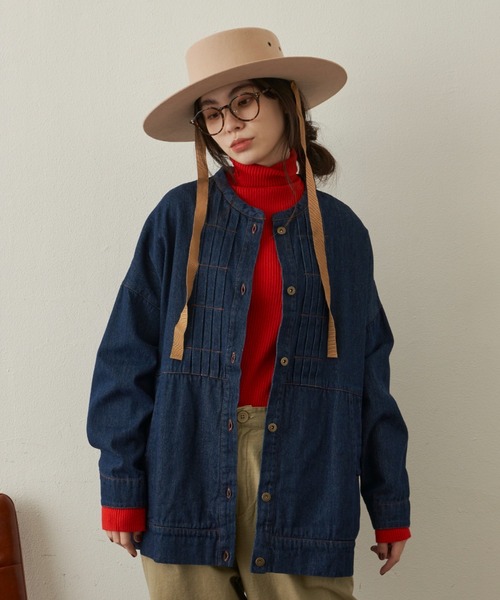 Libra Cue（リブラ キュー）の「“タックツイルコットンジャケット”　　　　　　　　　　　　　　　　　　　　　　　　　　　　　　　　　　　　　　　コットン100％、ワンピースやパンツなど様々なコーディネートに合わせられるオーバーサイズジャケット。（ノーカラージャケット・レディース・ネイビー/アイボリー・FREE）」の13枚目の写真