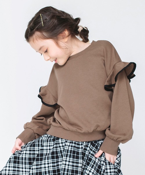 BRANSHES（ブランシェス）の「無地/ドット柄袖フリル長袖トレーナー（スウェット・キッズ・アイボリー/ブラウン/ピンク・100/110/120/90/140/150/130）」の3枚目の写真