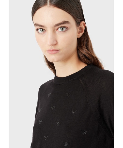 EMPORIO ARMANI（エンポリオアルマーニ）の「【エンポリオ アルマーニ】セーター ウール混紡 同系色ラインストーンロゴ（ニット/セーター・レディース・ネイビー/ブラック系その他/ブラック・SMALL/X-SMALL/MEDIUM）」の2枚目の写真