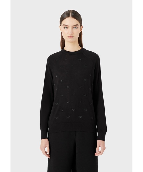 EMPORIO ARMANI（エンポリオアルマーニ）の「【エンポリオ アルマーニ】セーター ウール混紡 同系色ラインストーンロゴ（ニット/セーター・レディース・ネイビー/ブラック系その他/ブラック・SMALL/X-SMALL/MEDIUM）」の8枚目の写真