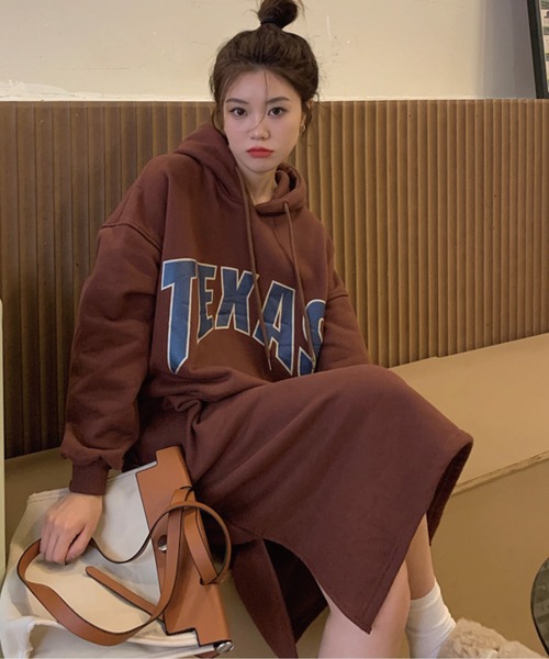 meJane(ミージェーン)の「TEXASロゴ 裏起毛スウェットパーカーワンピース(ワンピース・レディース・ブラウン/ベージュ/ブラック/チャコールグレー・FREE)」の20枚目の写真