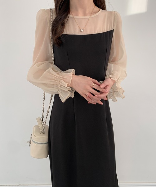 【セール】レイヤード風異素材シアー切り替えロングワンピース（ワンピース）｜ABITOKYO（アビトーキョー）