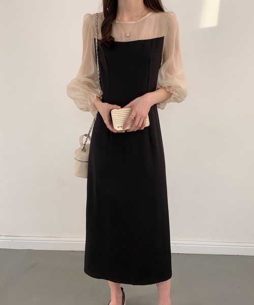 【セール】レイヤード風異素材シアー切り替えロングワンピース（ワンピース）｜ABITOKYO（アビトーキョー）