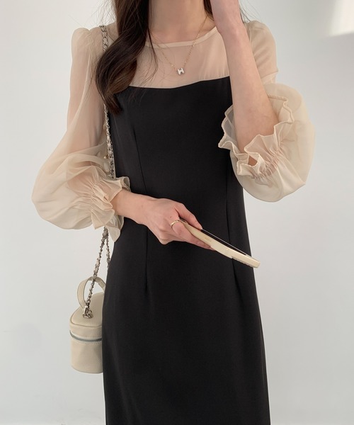 【セール】レイヤード風異素材シアー切り替えロングワンピース（ワンピース）｜ABITOKYO（アビトーキョー）