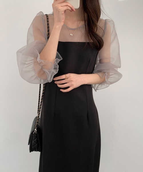 【セール】レイヤード風異素材シアー切り替えロングワンピース（ワンピース）｜ABITOKYO（アビトーキョー）