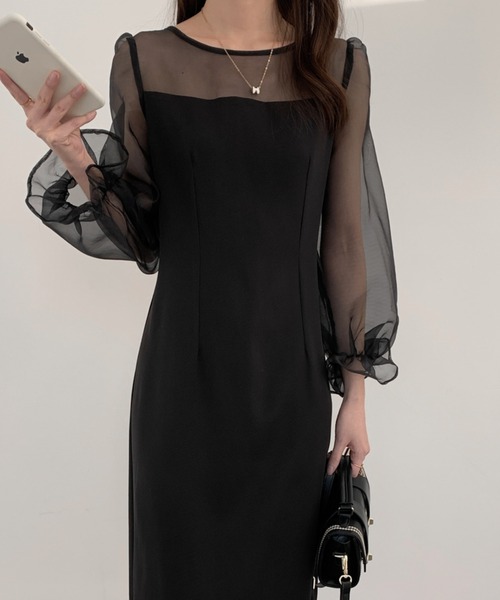 【セール】レイヤード風異素材シアー切り替えロングワンピース（ワンピース）｜ABITOKYO（アビトーキョー）