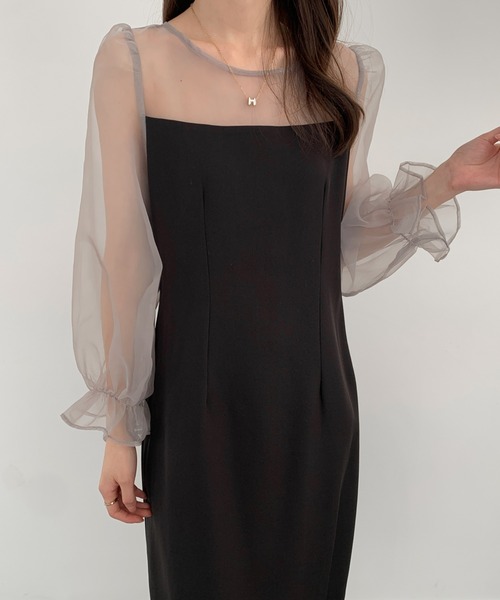 【セール】レイヤード風異素材シアー切り替えロングワンピース（ワンピース）｜ABITOKYO（アビトーキョー）