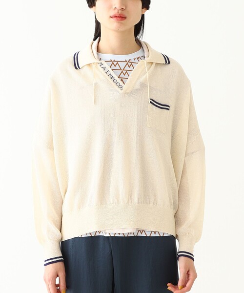 BEAMS BOY（ビームスボーイ）の「maturely / Sheer Knit Polo Shirt（ポロシャツ・レディース・グリーン/ベージュ・ONE SIZE）」の5枚目の写真