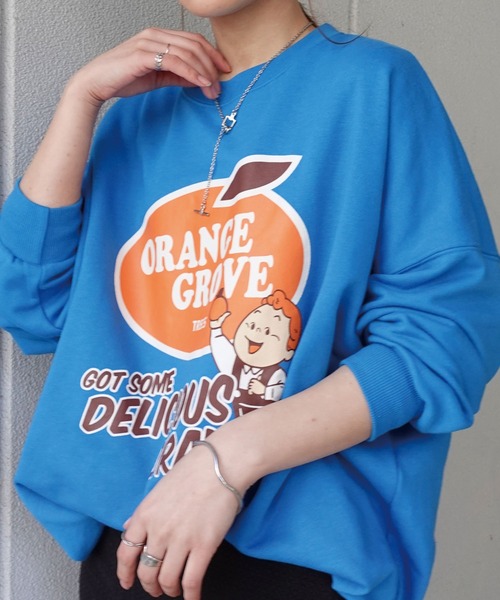 CORNERS（コーナーズ）の「ORANGEGROVEプリントオーパーサイズスウェット（スウェット・レディース・ネイビー/ピンク/ターコイズブルー/グリーン/オートミール・FREE）」の8枚目の写真
