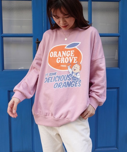 CORNERS（コーナーズ）の「ORANGEGROVEプリントオーパーサイズスウェット（スウェット・レディース・ネイビー/ピンク/ターコイズブルー/グリーン/オートミール・FREE）」の10枚目の写真