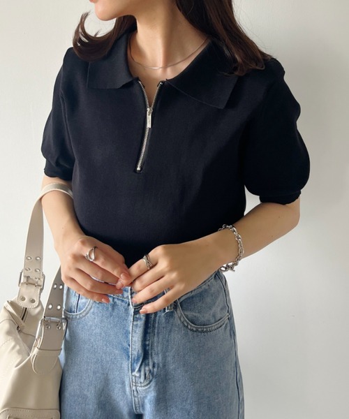 CLEA（クレア）の「ハーフジップ半袖サマーニットポロトップス（Tシャツ/カットソー・レディース・ブラック/アイボリー・FREE）」の12枚目の写真