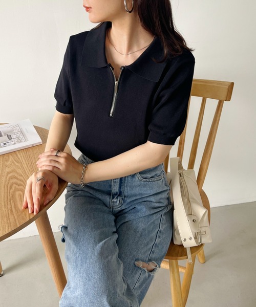 CLEA（クレア）の「ハーフジップ半袖サマーニットポロトップス（Tシャツ/カットソー・レディース・ブラック/アイボリー・FREE）」の16枚目の写真